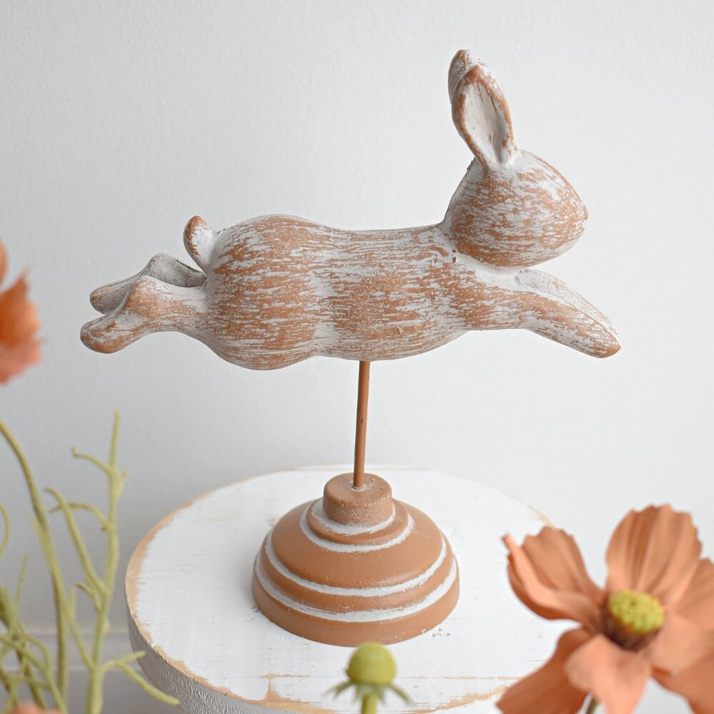 Whitewashed Brown Leaping Bunny Rabbit Pedestal Spring Cottage Farmhouse Decor